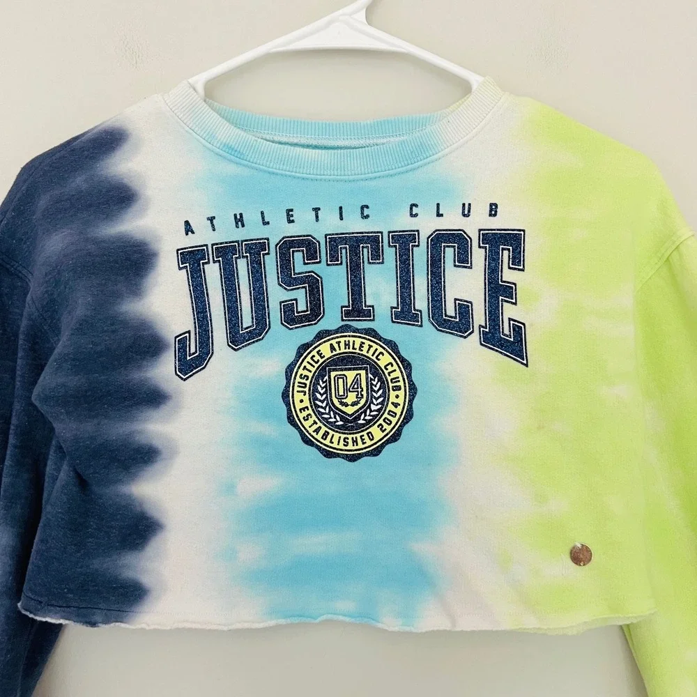 Justice Athletic Club Girl Tie Dye Cropped Sweatshirt Blue Green Glitter Logo XS